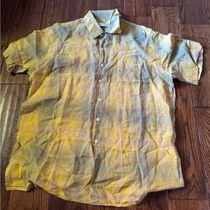 Equilbrio Yellow Plaid Button Down Short Sleeve Linen Shirt